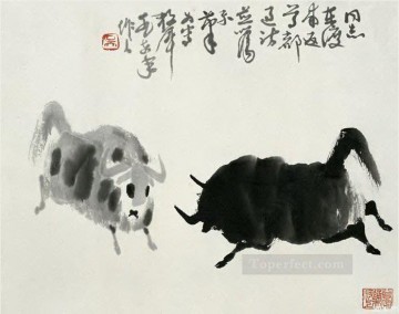 Ganado Vaca Toro Painting - Wu zuoren luchando contra el ganado tinta china antigua